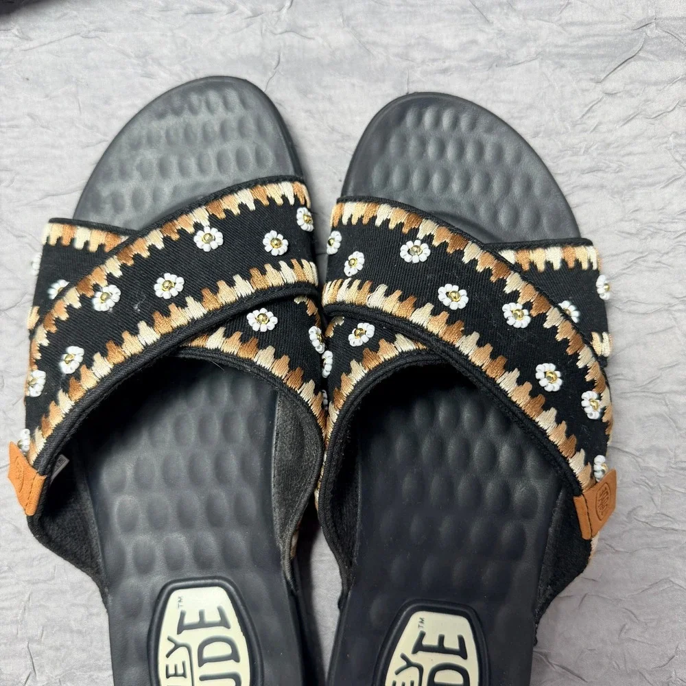 Hey Dude Christi Slide Embroidered Tan/White Beaded Black Sandals Womens Size 9